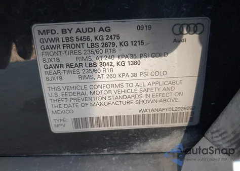 2020 Audi Q5 Premium 45 Tfsi Quattro S Tronic/Titanium Premium 45 Tfsi Quattro S Tronic z USA, uszkodzony, nr VIN WA1ANAFY0L2026092